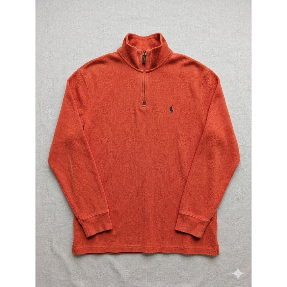 Polo Ralph Lauren Mens Orange‎ Cotton Quarter Zip Pullover Sweater Large Preppy